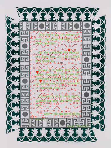 <strong>Mother Tongue after Louise Bourgeois, 2016 </strong><br /> Self-Adhesive Vinyl on Vellum, 36" x 22"